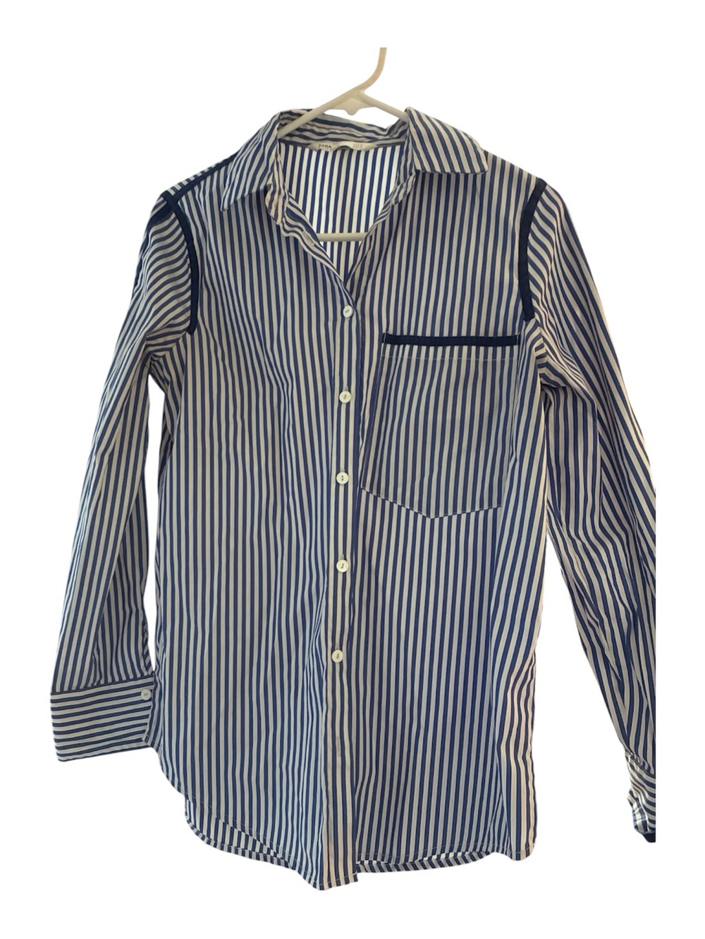Zara Navy and White Vertical Stripe Button-Down Shirt
